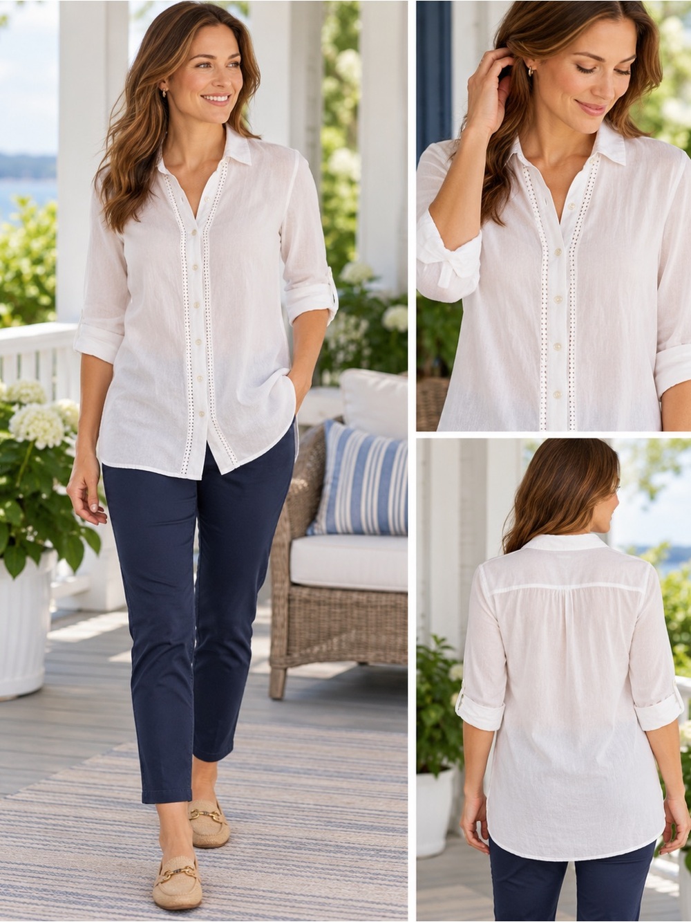 Lands’ End White Cotton Tunic Shirt Small Crochet Trim NWT